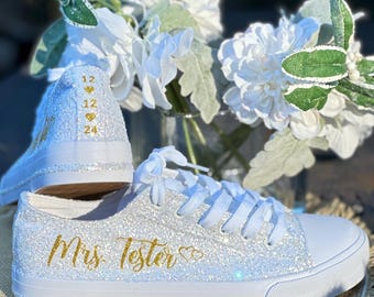 Personalized White Glitter Bride Sneakers with Gold Writing for Wedding,  Birthday, Special Occasion, Bling Bridal Shoes, Sparkle Sneakers