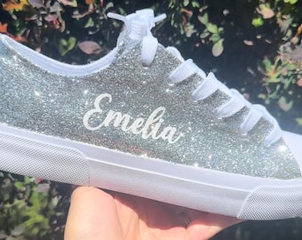 Silver Glitter Sneakers with white writing personalized for Bride, Wedding, Birthday, Quinceanera, Dance Mom, Cheer Coach Gift, Prom Shoes