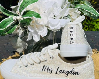 Personalized White Glitter Bride Sneakers With Black Writing