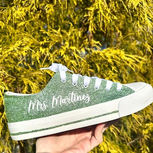 Sage Green Glitter Wedding Sneaker for Bride, Birthday, Quinceanera, Wedding Bachelorette Sparkle Low Tops, Cheer Mom Shoes, Sage Wedding