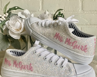 Pink Personalized White Glitter Bride Sneakers, Wedding Shoes, Sparkle shoes, Bling Bridal Shoes, Low Top Sparkle Sneakers, Pink Glitter