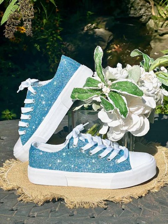 Light Blue Glitter Sneakers for Bride Wedding Birthday Special Occasion Quinceanera Bachelorette Party Low Top Custom Sneakers for Her