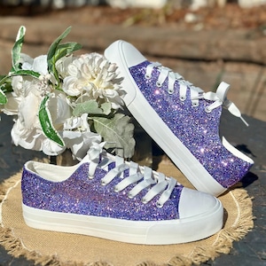 Lilac Purple Wedding Sneakers for Bride, Sparkle Glitter Sneakers, Quinceanera, 16 Birthday Shoes Bachelorette Party Low Top Gifts for her