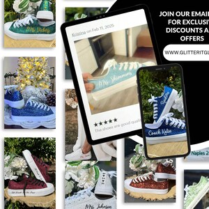 May include: A collage of images showcasing personalised glitter trainers with various names and designs. The trainers are in different colours, including blue, green, red, and white. The text "JOIN OUR EMAIL LIST FOR EXCLUSIVE DISCOUNTS AND OFFERS WWW.GLITTERITGLAM.COM" is displayed at the top of the image.
