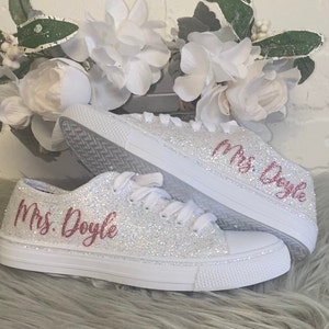 Personalized White Glitter Bride Sneakers with Rose Gold for Wedding or Special Occasion, Bling Bridal Shoes, Sparkle Sneakers