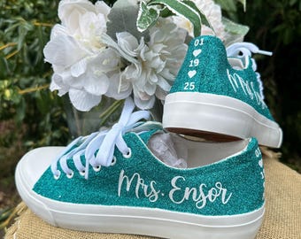 Personalized Teal Aqua Blue Green Glitter Sneakers with White Personalization for Wedding, Mrs, Bride, Bridal Party Shoe, Bachelorette Party
