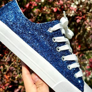 Blue Wedding Sneakers for Bride Sparkle, Navy Blue Glitter Birthday Shoes, Bachelorette, Something Blue for Bride, Lace Up Sneakers Sweet 15