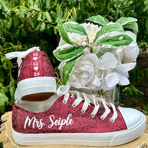 Burgundy and White Personalized Wedding Sneakers for Bride, Maroon Red Glitter Shoes, Christmas Sneakers, Ruby Red Slippers, Red Low Tops