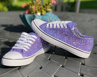 Lilac Purple Wedding Sneakers for Bride, Sparkle Glitter Sneakers, Quinceanera, 16 Birthday Shoes Bachelorette Party Low Top Gifts for her