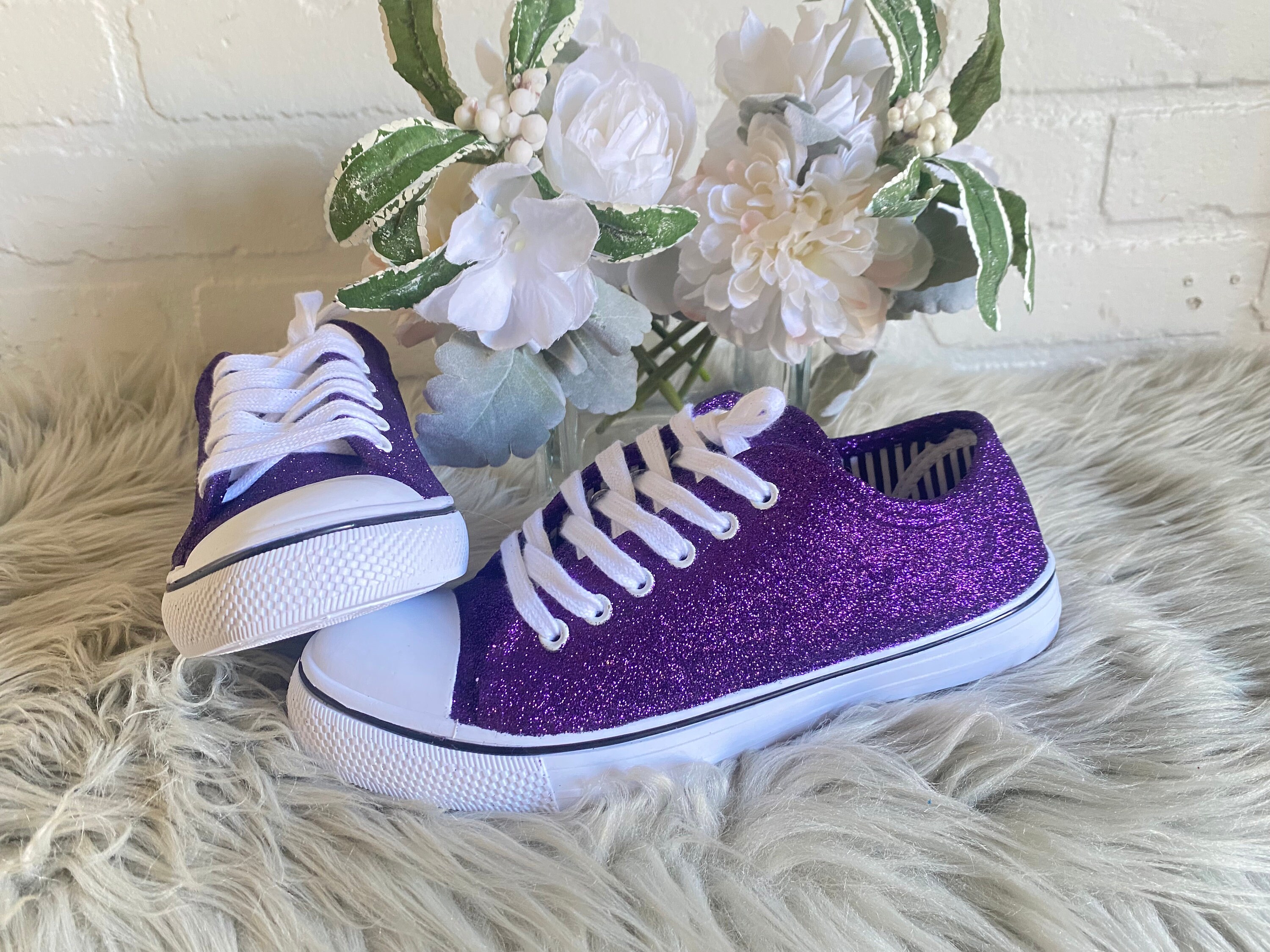 Women's Glitter Tennis Sneakers Floral Dressy Sparkly Sneakers Wedding  Bridal Shiny Sequin Shoe Fashion Purple Casual Shoes Flat