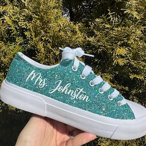 Teal Aqua Blue Green Glitter Sneakers for Wedding, Bride, Birthday, Quinceanera, Bachelorette Party, Sports, Cheer Mom
