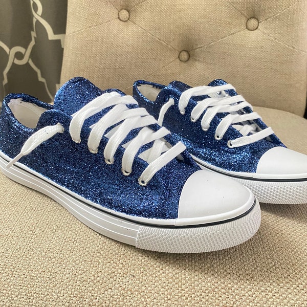 Blue Wedding Sneakers for Bride Sparkle, Navy Blue Glitter Birthday Shoes, Bachelorette, Something Blue for Bride, Lace Up Sneakers Sweet 15