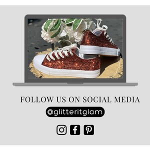 May include: A pair of white canvas sneakers with copper glitter covering the entire shoe. The shoes are on a light brown surface. Follow us on social media @glitteritglam.