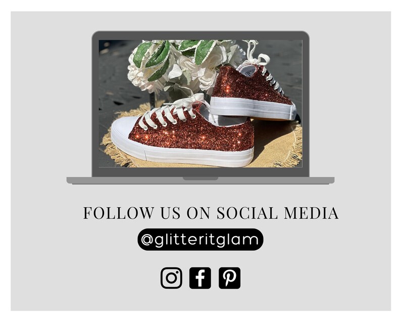 May include: A pair of white canvas sneakers with copper glitter covering the entire shoe. The shoes are on a light brown surface. Follow us on social media @glitteritglam.