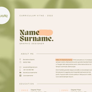 May include: A resume template with a peach colored background and green text. The text reads "Curriculum Vitae - 2022", "Name Surname", "Graphic Designer", "About Me", "Barcelona (Spain)", "26/03/1994", "youremall@gmail.com", "+00 123 456 789", "be.net/yourusemame", "/yourusername", "Hello, I'm Name Surname, Tortor posuere ac ut consequat semper viverra. Sed pulvinar proin gravida hendrerit lectus a. Feugiat nibh sed pulvinar proin. Ante metus dictum af tempor commodo ullamcorper.", "Enim facilisis gravida neque convallis a cras semper auctor. Est placerat in egestas erat imperdiet sed euismod nisi porta. Fusce id velit ut tortor pretium. Nisi purus in mollis nunc sed id semper risus in", "Education", "2012 Degree/Major", "2001 Degree/Major"