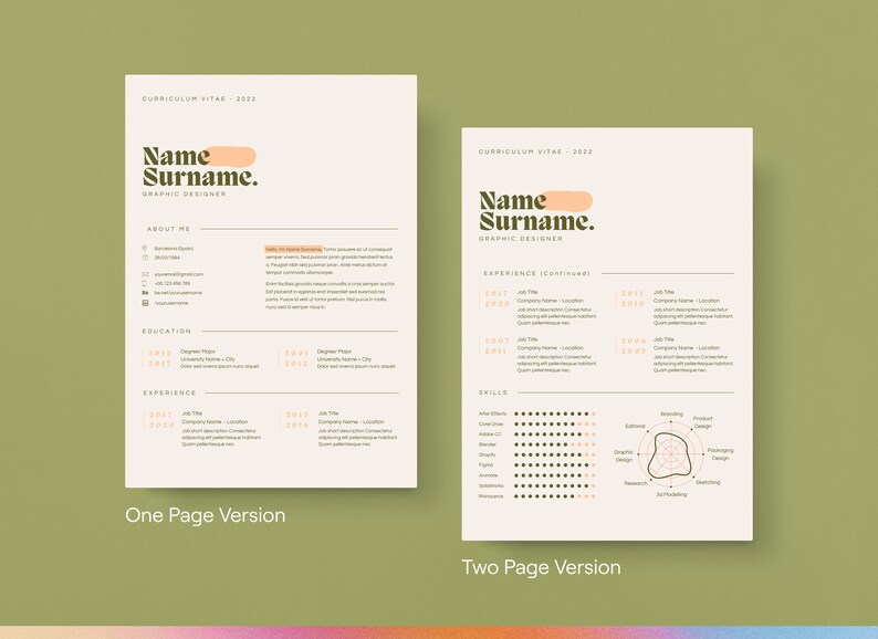 May include: A two-page resume template with a peach and green color scheme. The template features a modern design with a minimalist aesthetic. The resume includes sections for "About Me", "Education", "Experience", and "Skills".