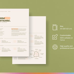 May include: A minimalist resume template in a light beige color with a peach-colored accent. The template is designed for a graphic designer and includes sections for "About Me", "Education", and "Experience". The template is customizable and 100% editable on Canva. The template is A4 size (29.7 x 21 cm).