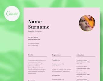 May include: A pink and white resume template with a photo of a woman's face in the top right corner. The resume includes the name "Name Surname", the title "Graphic Designer", contact information, and sections for "Profile", "Experience", and "Education".