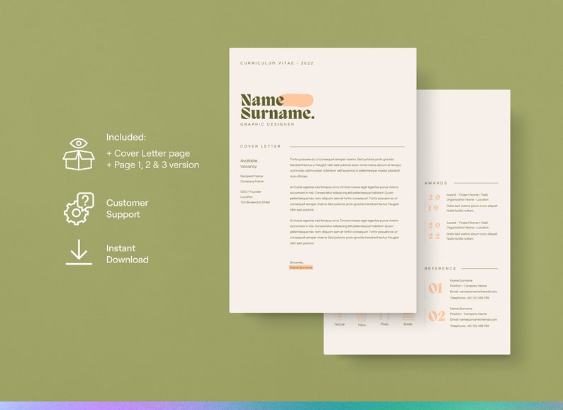 May include: A white and peach resume template with the text "Curriculum Vitae 2022" and "Name Surname. Graphic Designer" at the top. The template includes a cover letter, awards section, and reference section.