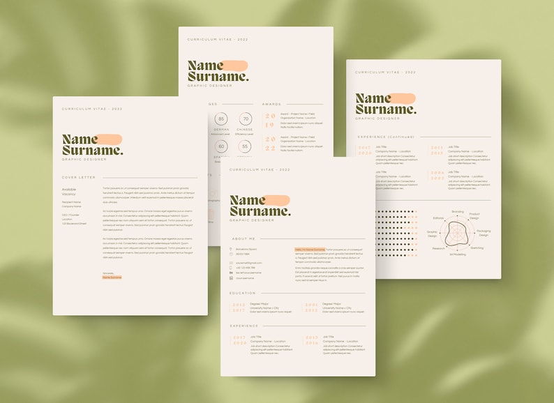 May include: A beige resume template with a peach colored accent. The resume is for a graphic designer named "Name Surname". The resume includes sections for cover letter, awards, about me, education, experience, and skills.