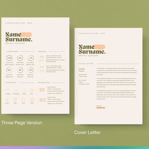 May include: A two-page resume template with a peach and green color scheme. The resume is for a graphic designer named "Name Surname". The resume includes sections for languages, awards, interests, and references. The cover letter includes sections for availability, vacancy, company name, and location.