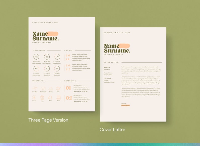 May include: A two-page resume template with a peach and green color scheme. The resume is for a graphic designer named "Name Surname". The resume includes sections for languages, awards, interests, and references. The cover letter includes sections for availability, vacancy, company name, and location.