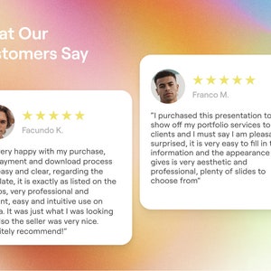 May include: Two customer testimonials with five-star ratings and photos of the reviewers. The first testimonial says "I'm very happy with my purchase, the payment and download process was easy and clear, regarding the template, it is exactly as listed on the photos, very professional and elegant, easy and intuitive use on Canva. It was just what I was looking for, also the seller was very nice. Definitely recommend!" The second testimonial says "I purchased this presentation to show off my portfolio services to my clients and I must say I am pleasantly surprised, it is very easy to fill in the information and the appearance it gives is very aesthetic and professional, plenty of slides to choose from."