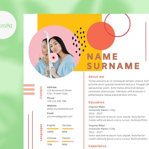 Colorful Resume Template with Photo + Cover Letter Bundle Editable in Canva, Creative Curriculum Vitae, Professional CV, Lebenslauf Vorlagen