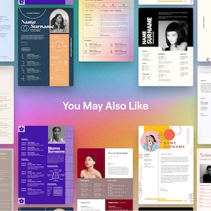 May include: A collection of colorful resume templates with different layouts and designs. The templates feature a variety of fonts, colors, and graphics, including circles, lines, and geometric shapes. The text on the templates includes "Name Surname" and "Graphic Designer".
