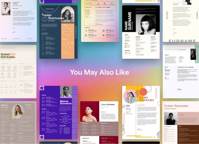 May include: A collection of colorful resume templates with different layouts and designs. The templates feature a variety of fonts, colors, and graphics, including circles, lines, and geometric shapes. The text on the templates includes "Name Surname" and "Graphic Designer".