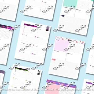 May include: A selection of undated planner pages with colourful accents. Each page features a month, a section for notes, and a dotted grid. The pages are decorated with pink, green, and purple designs, and the word "apollo" is printed on each page.