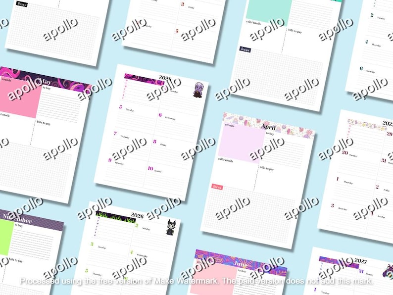 May include: A selection of undated planner pages with colourful accents. Each page features a month, a section for notes, and a dotted grid. The pages are decorated with pink, green, and purple designs, and the word "apollo" is printed on each page.