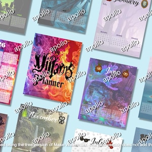 May include: A selection of colourful planner pages with diverse designs and calendar layouts. The central planner page displays the text "Villains Planner" against a vibrant, fiery background. Other pages showcase monthly themes and illustrations.