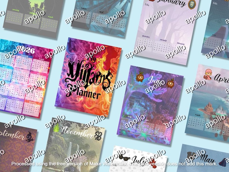 May include: A selection of colourful planner pages with diverse designs and calendar layouts. The central planner page displays the text "Villains Planner" against a vibrant, fiery background. Other pages showcase monthly themes and illustrations.