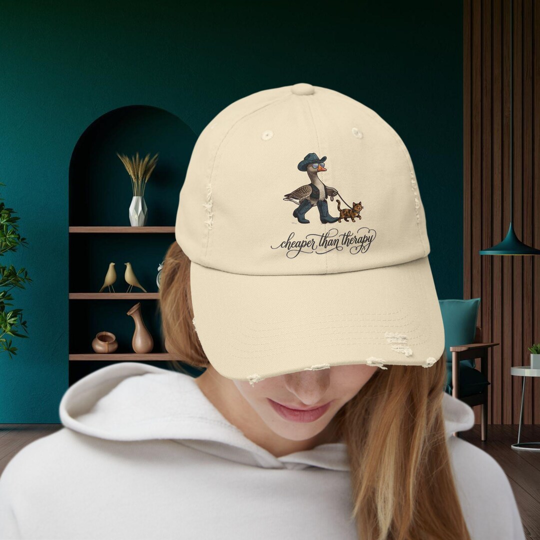 Cheaper Than Therapy Ducking Walking Cat Cap | Distressed Baseball Hat ...