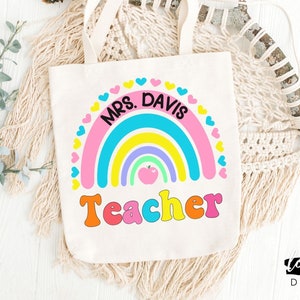 Personalized Teacher Tote, Boho Rainbow Design, Teacher Appreciation Gift