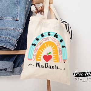 Personalized Teacher Tote, Boho Rainbow Design, Teacher Appreciation Gift, Teacher Gift