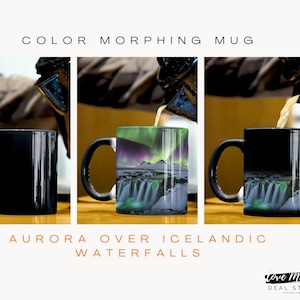May include: A color-morphing mug that changes appearance when a hot liquid is added. The mug is black when cold, and reveals an image of the Aurora Borealis over Icelandic waterfalls when hot. Text on the mug reads "Aurora Over Icelandic Waterfalls."