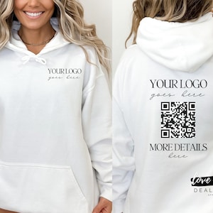 May include: White hooded sweatshirt with a black print on the front that says "YOUR LOGO goes here" and a black print on the back that says "YOUR LOGO goes here" with a black QR code and "MORE DETAILS here" and "Love Myself DEAL STUDIO APPARELSMORE".