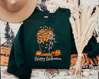 Skeleton Dance Shirt, Dancing Skeletons, Halloween Crewneck, Skeleton Sweatshirt,Autumn Leaves Shirt,Spooky Season,Funny, Happy Halloween