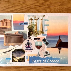 cartolina Grecia, collage Grecia, collage cartolina vacanze riposo, regalo per gli amanti della Grecia, cartolina estate, cartolina Acropoli, arte di Atene,