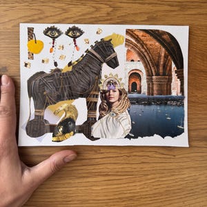 collage guerra di troia, collage grecia, cartolina grecia, souvenir grecia, elena della bellezza, mela della discordia, storia greca, immagine grecia, buono regalo