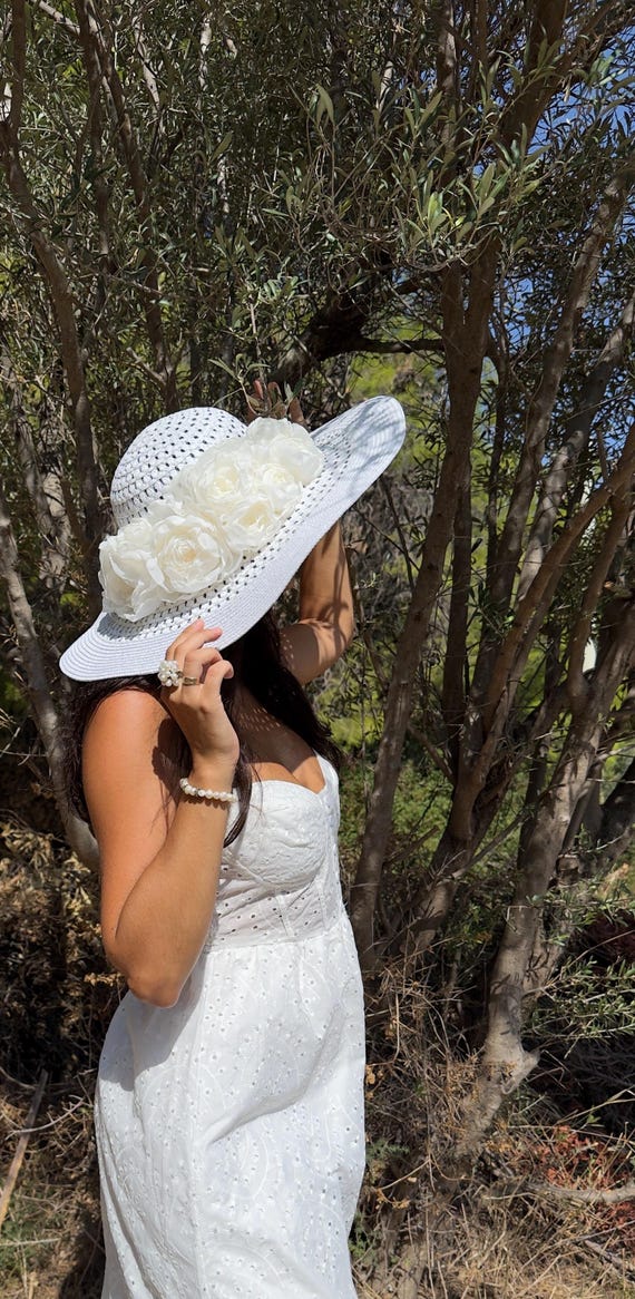 Handmade White Wide Brim Hat With Flowers – Elegant Bridal  display picture 2