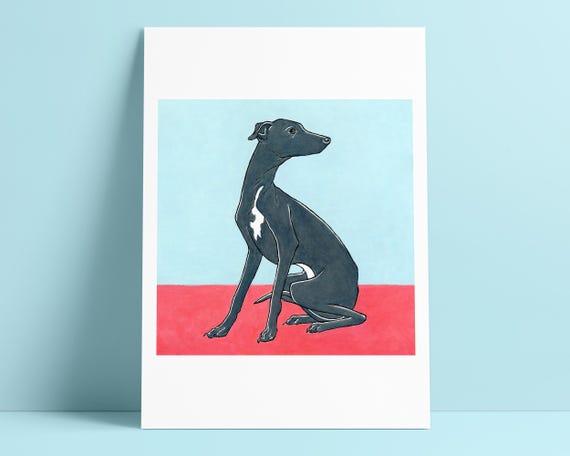 Greyhound Poster, Cheerful Whippet Wall Art, Blue and Red Art Print, Dog Owner Gift
