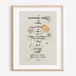 Jane Austen Mansfield Park art print, title page and floral watercolor painting, literary gift wall art, cover art