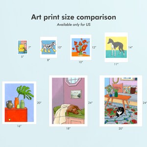 May include: A comparison chart showing different art print sizes available for purchase. The chart shows nine different sizes ranging from 5 inches by 7 inches to 20 inches by 24 inches. Each size is represented by a white rectangle with a black border, and the dimensions are listed below each rectangle. The chart is on a light blue background.