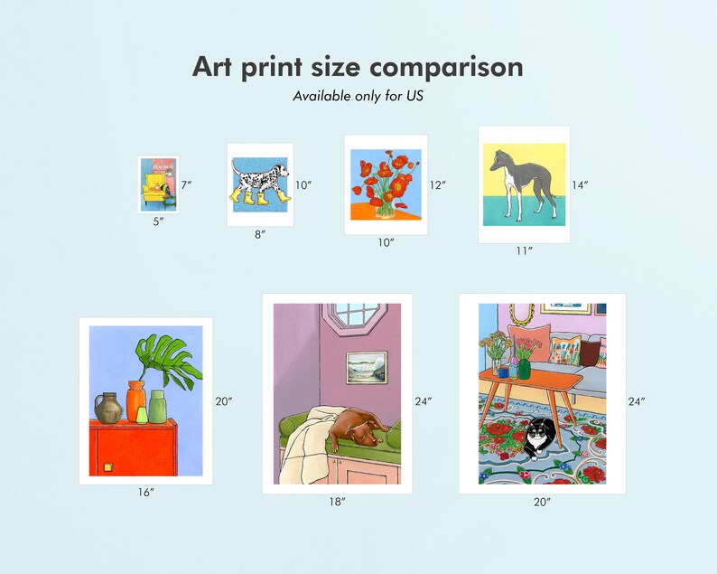 May include: A comparison chart showing different art print sizes available for purchase. The chart shows nine different sizes ranging from 5 inches by 7 inches to 20 inches by 24 inches. Each size is represented by a white rectangle with a black border, and the dimensions are listed below each rectangle. The chart is on a light blue background.