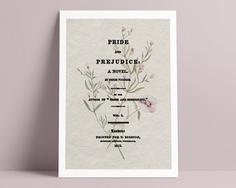 Puede incluir: Una impresión enmarcada con el título "Pride and Prejudice" y detalles florales. El texto incluye "A Novel" y "Vol. I", junto con los detalles del autor y la editorial. La impresión tiene una estética vintage.