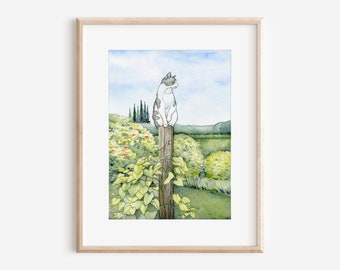 The Guard Cat Art Print, Ink and Watercolor Cat Illustration, Cat on Top of a Garden Fence Post Wall Art, Farm Cat Poster