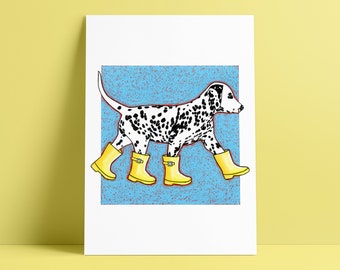 Dalmatian in Yellow Boots Art Print: Whimsical Dog Poster